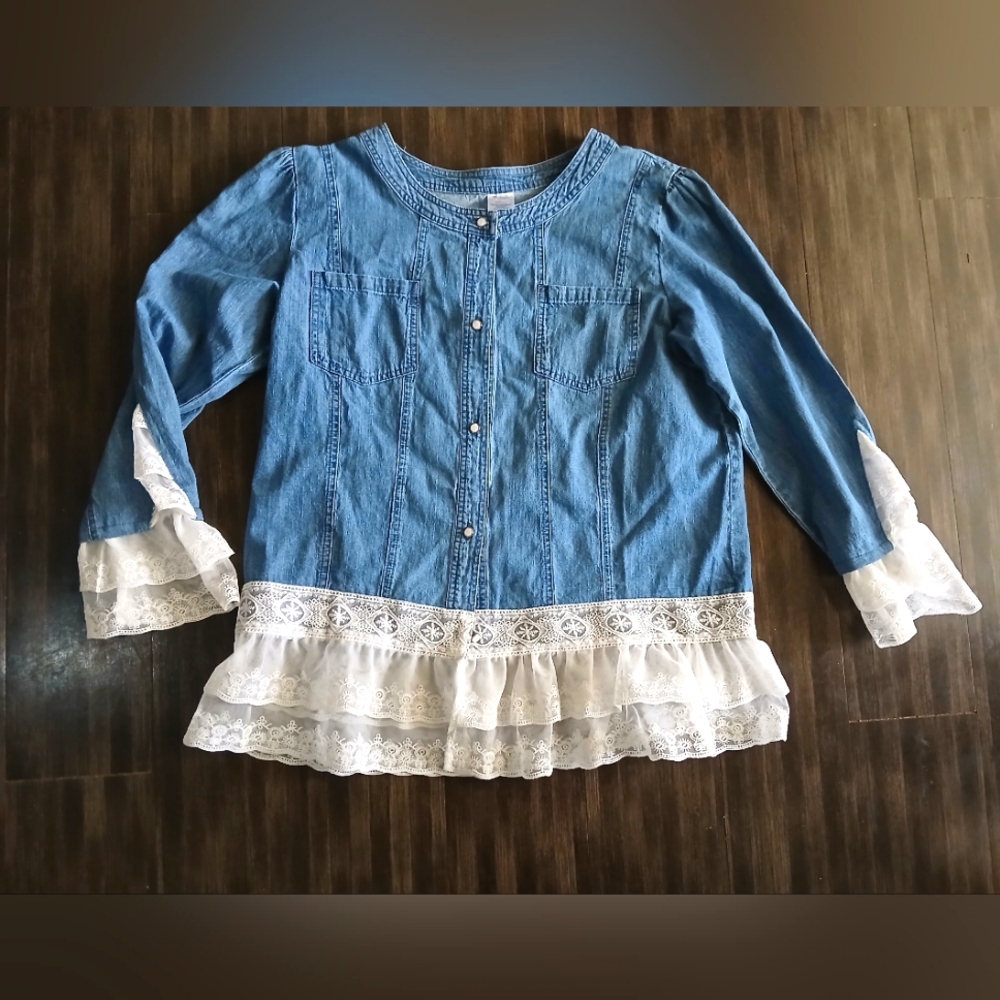 Very Nice Denim Lace Trim Top- Large